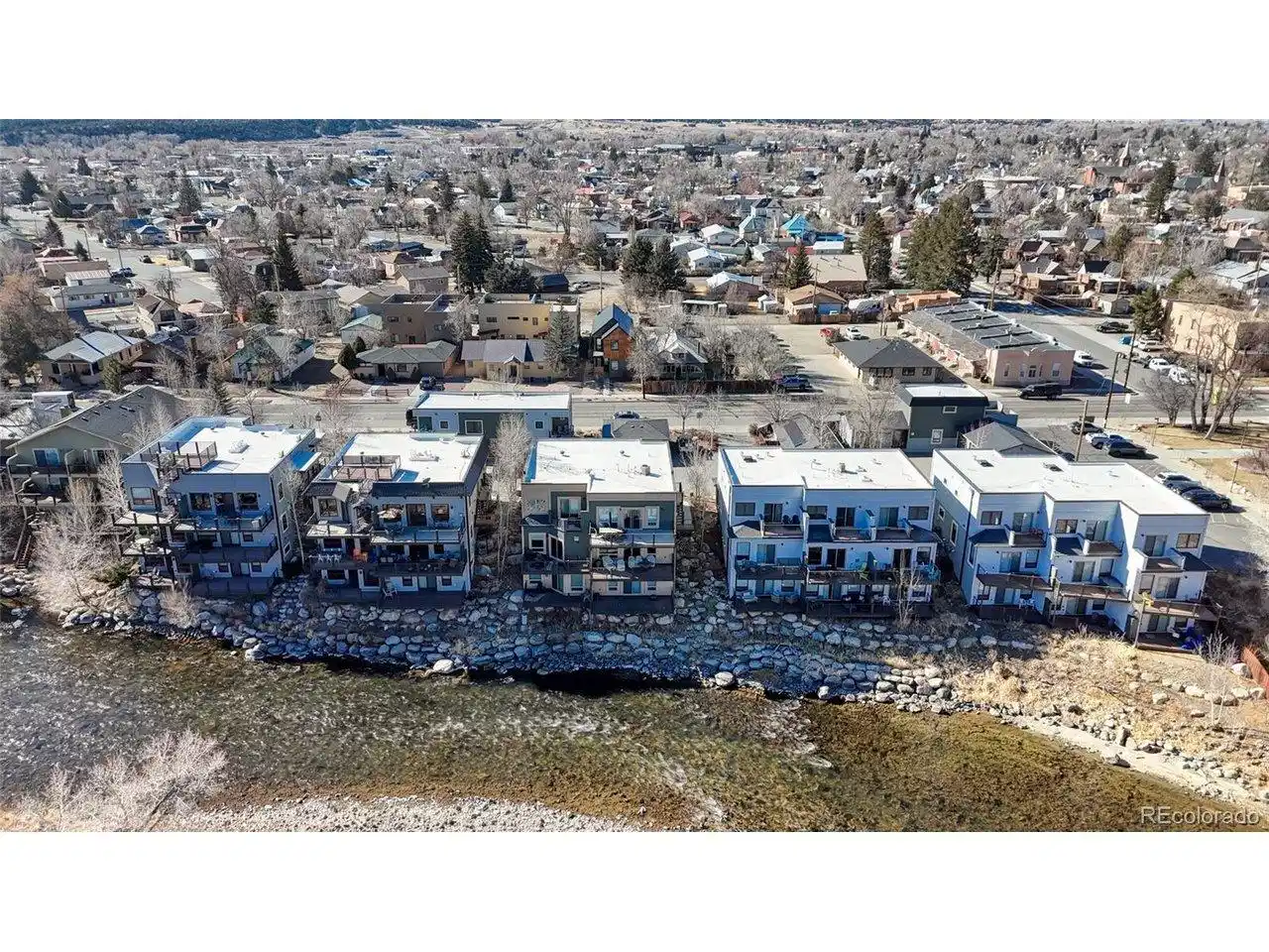 Image 1: Salida Riverfront Condos perched along the Arkansas River in early February