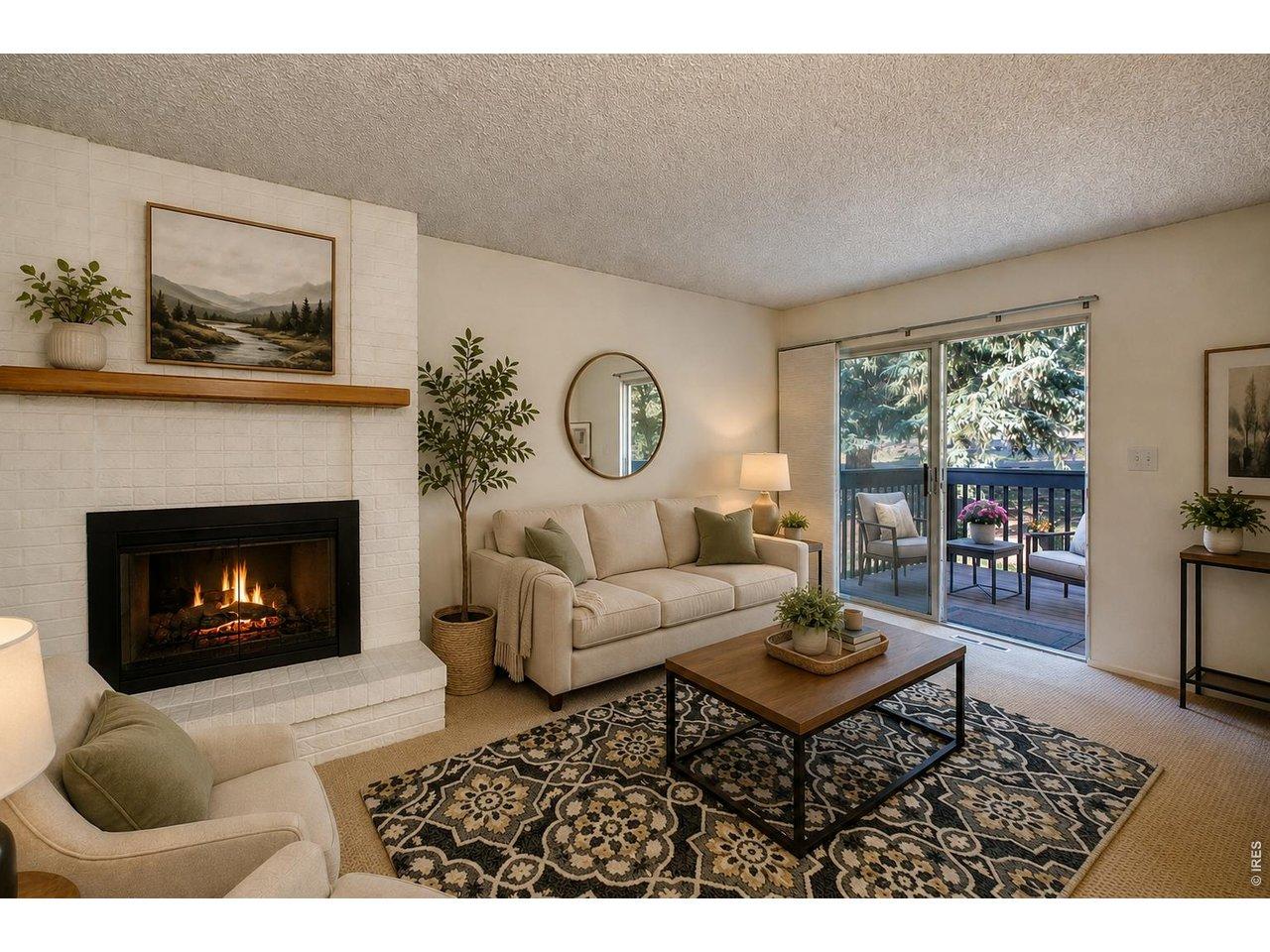 Image 2: Main-level living room featuring new paint, new carpeting, and access to your private deck.(Some photos are virtually staged to show potential use of space) Image 2: Main-level living room featuring new paint, new carpeting, and access to your private deck.(Some photos are virtually staged to show potential use of space)