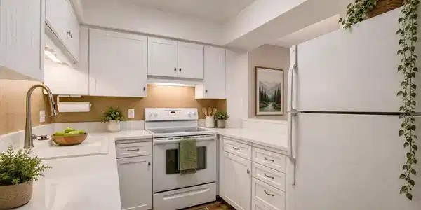 Image 3: The pass-through overlooking the living room from the kitchen  enhances the open feel of the main living space (Some photos are virtually staged to show potential use of space)