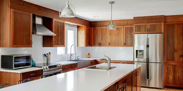Image 2: Upper level kitchen with center island, quartz counter tops and custom wood cabinets