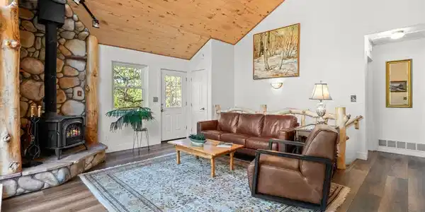 Image 4: Light-filled living room with vaulted wood ceilings Image 4: Light-filled living room with vaulted wood ceilings