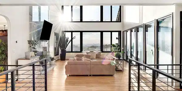 Image 4: From the expansive foyer the full vertical scale of the home comes into focus - the great room in front, the onyx fireplace wall at full height, the city beyond the glass.