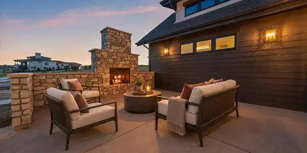 Image 3: Front courtyard with a gas fireplace at the Carmith Circle. Virtually Staged Image 3: Front courtyard with a gas fireplace at the Carmith Circle. Virtually Staged