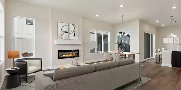 Image 4: Open great room features 9' ceilings, fireplace and beautiful natural light. Virtually Staged Image 4: Open great room features 9' ceilings, fireplace and beautiful natural light. Virtually Staged