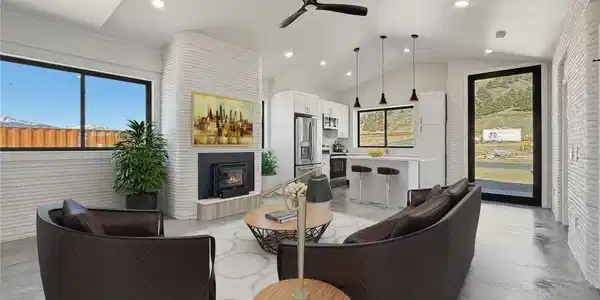 Image 3: Virtually staged living room to kitchen. Image 3: Virtually staged living room to kitchen.