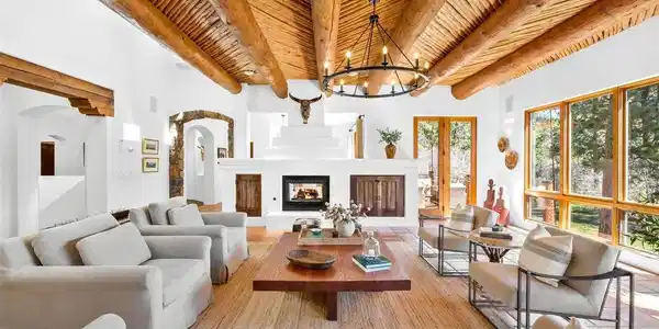 Image 2: Living room with soaring Vigas-and-Latillas ceiling Image 2: Living room with soaring Vigas-and-Latillas ceiling