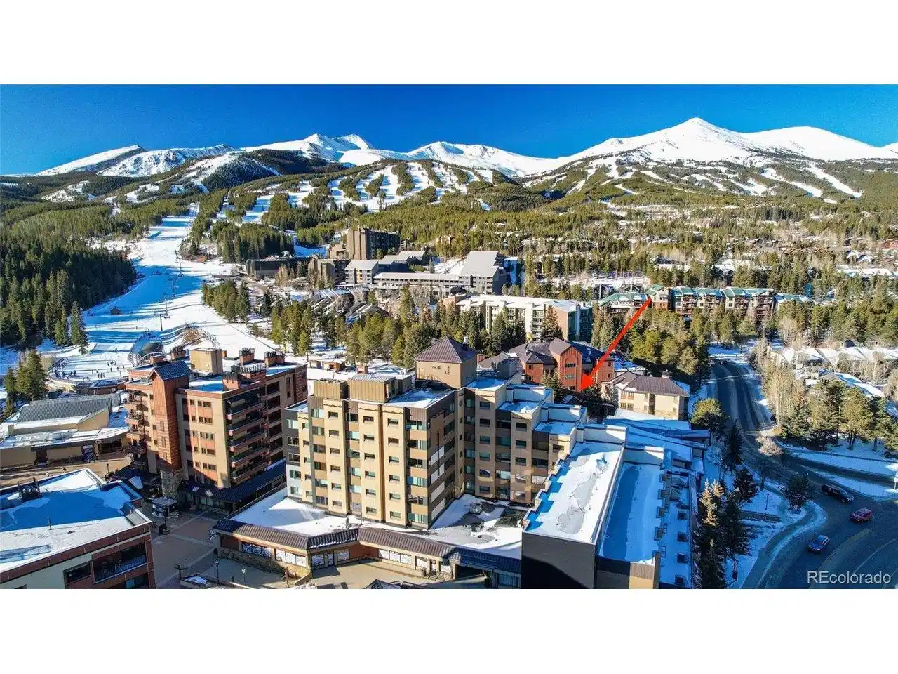 Image 1: Ski In / Ski Out Downtown Breckenridge Condo. Arrow is an estimation for visual purposes only. Image 1: Ski In / Ski Out Downtown Breckenridge Condo. Arrow is an estimation for visual purposes only.