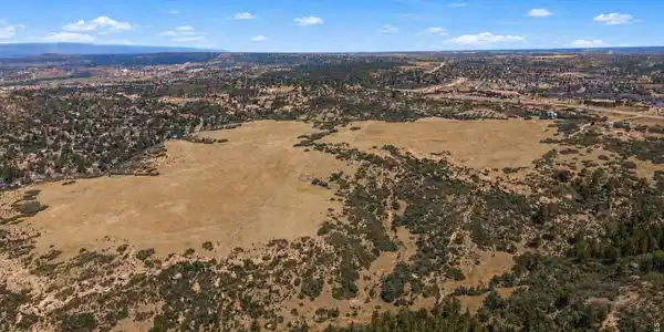 Image 3: Elevated aerial showing the property's scale against the distant front-range foothills. Mature pine and oak groves edge the open pasture-room to plan, build, and breathe. Image 3: Elevated aerial showing the property's scale against the distant front-range foothills. Mature pine and oak groves edge the open pasture-room to plan, build, and breathe.