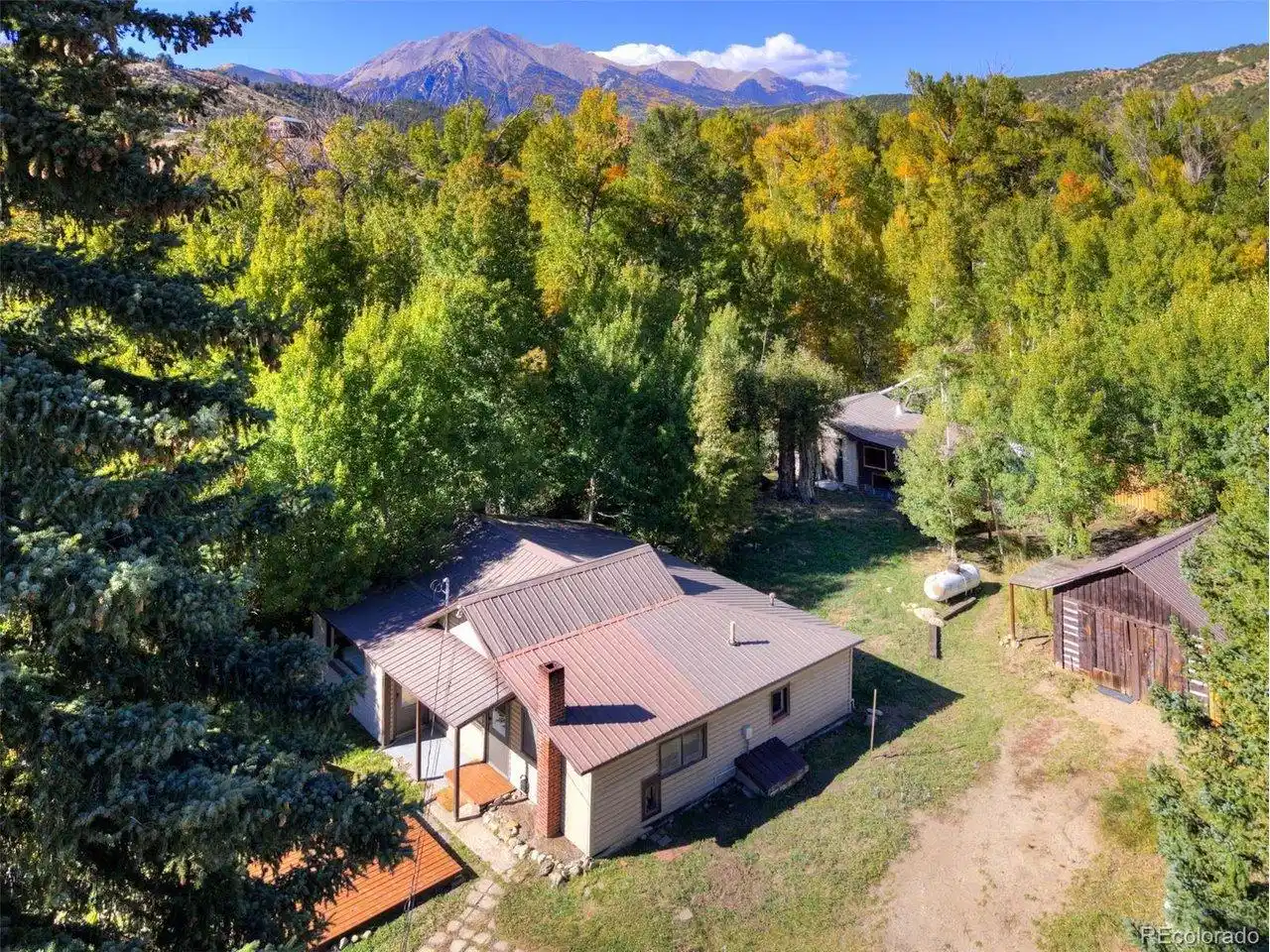 Image 1: Aerial view of Cottage, Office/Studio/Workshop in the back and historic log Garage/Workshop to the right. Image 1: Aerial view of Cottage, Office/Studio/Workshop in the back and historic log Garage/Workshop to the right.