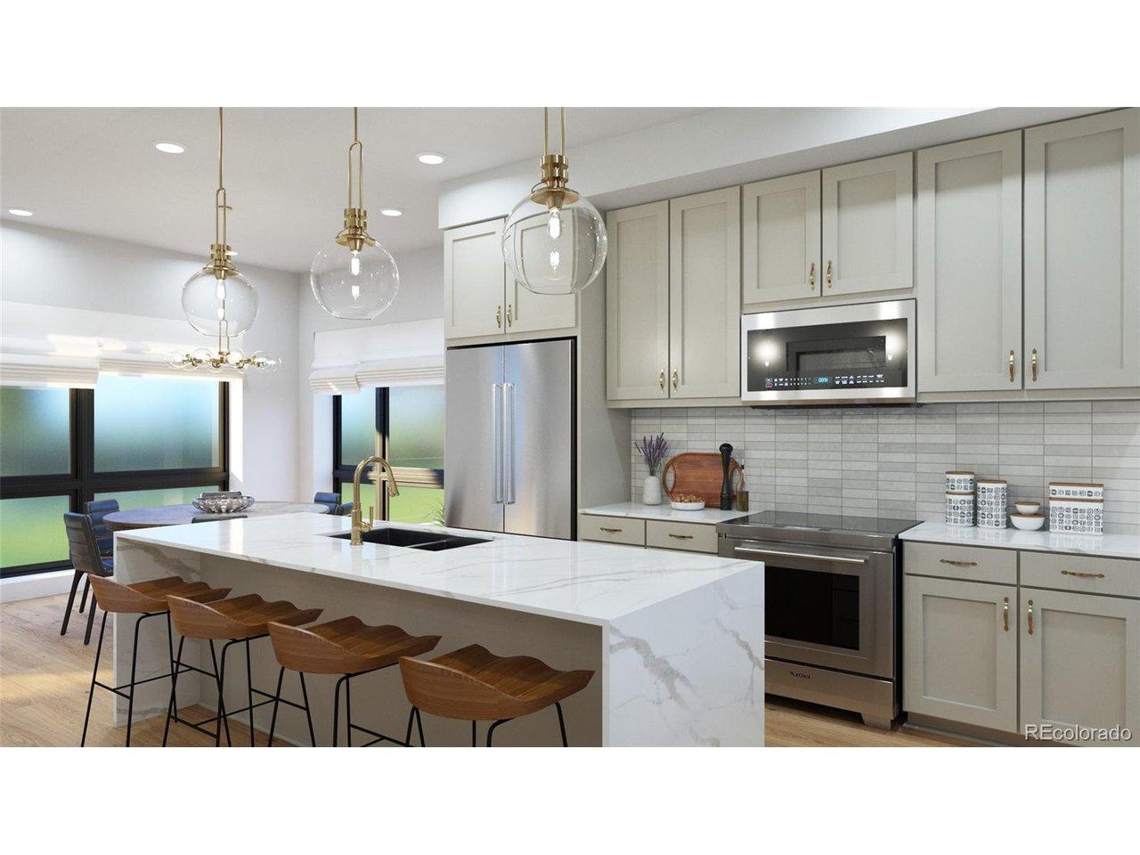 Image 3: Kitchen option featuring waterfall Quartz countertops, Tharp cabinetry and sleek appliances. Disclaimer: Images are representative of available finishes. Finishes in homes under construction may vary. Image 3: Kitchen option featuring waterfall Quartz countertops, Tharp cabinetry and sleek appliances. Disclaimer: Images are representative of available finishes. Finishes in homes under construction may vary.