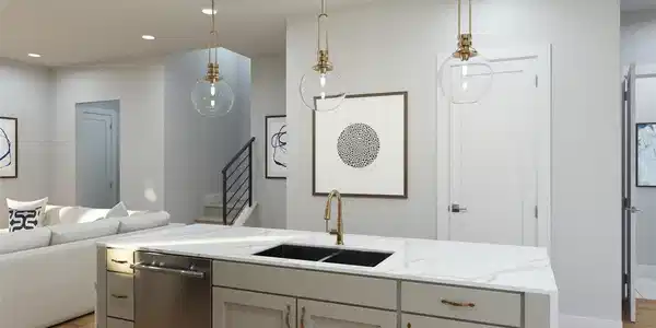 Image 4: Kitchen option features custom designer lighting. Disclaimer: Images are representative of available finishes. Finishes in homes under construction may vary.