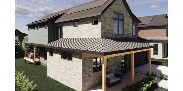 Image 2: A striking blend of modern architecture and natural materials, The Larkspurs exterior highlights its distinctive stonework, clean rooflines, and expansive windows that enhance natural light and curb appeal.
