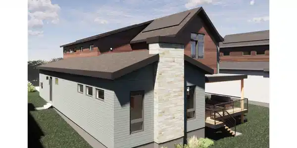 Image 4: The rear elevation showcases seamless indoor outdoor living with stacking sliding glass doors leading to the covered deck. Enjoy peaceful afternoons, Foothills views, and effortless entertaining with the integrated outdoor kitchen.