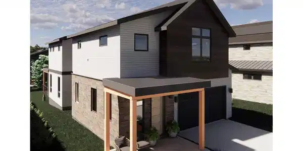 Image 2: A refined blend of modern lines and warm exterior accents, The Sages architectural design highlights its large windows, inviting covered entry, and beautifully balanced materials from Exterior Palette 3.