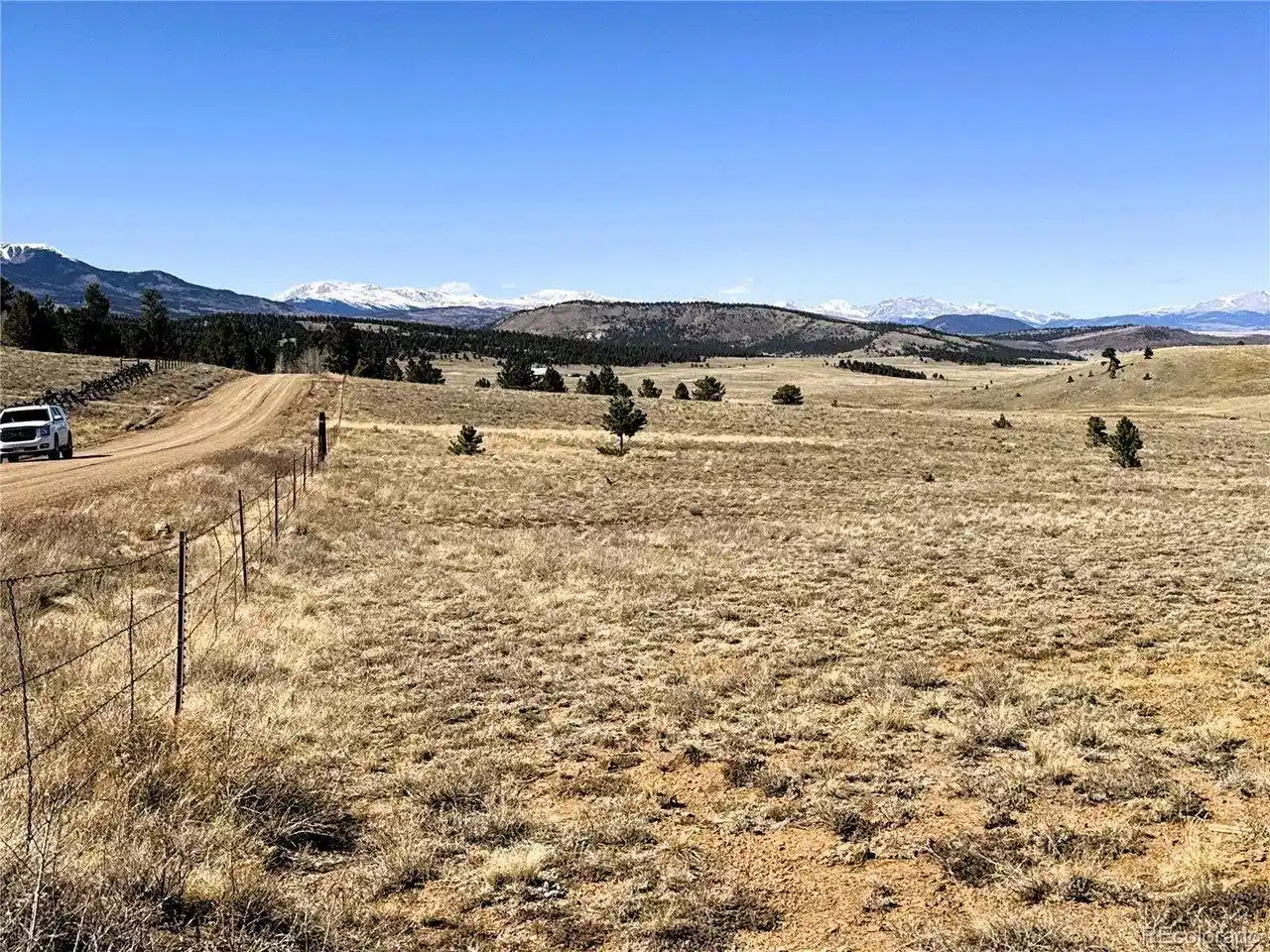 Image 1: Looking along the south fence line and Campfire Rd through trees to snow capped mountains Image 1: Looking along the south fence line and Campfire Rd through trees to snow capped mountains