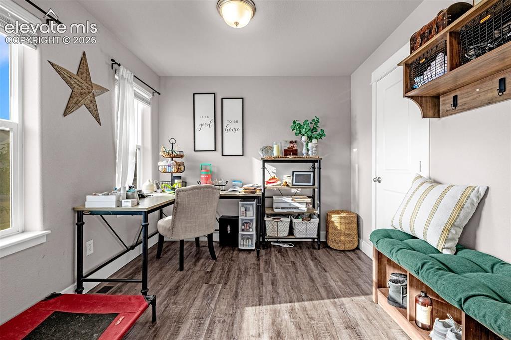 Image 3: Versatile room featuring wood-finish flooring, multiple windows with natural light, and a built-in wall shelf with hooks