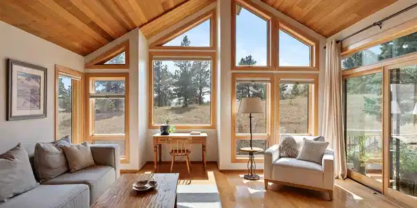 Image 3: Soaring A-frame windows and a wood-paneled ceiling fill the family room with sunlight while framing the Open Space beyond. Image 3: Soaring A-frame windows and a wood-paneled ceiling fill the family room with sunlight while framing the Open Space beyond.