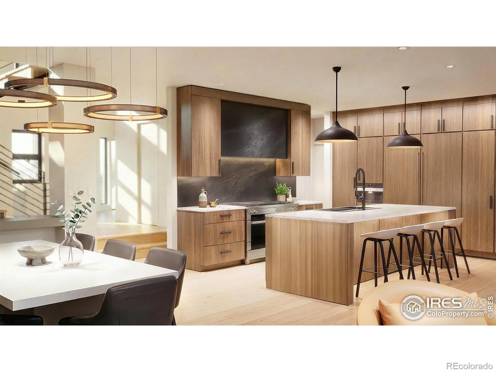 Image 3: Chefs kitchen with walnut cabinets and Miele appliances; 48" gas range, 48" built-in fridge and coffee system. 3D renderings are for illustration purposes only and are subject to change. Image 3: Chefs kitchen with walnut cabinets and Miele appliances; 48" gas range, 48" built-in fridge and coffee system. 3D renderings are for illustration purposes only and are subject to change.