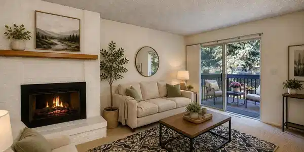 Image 2: Main-level living room featuring new paint, new carpeting, and access to your private deck.(Some photos are virtually staged to show potential use of space)