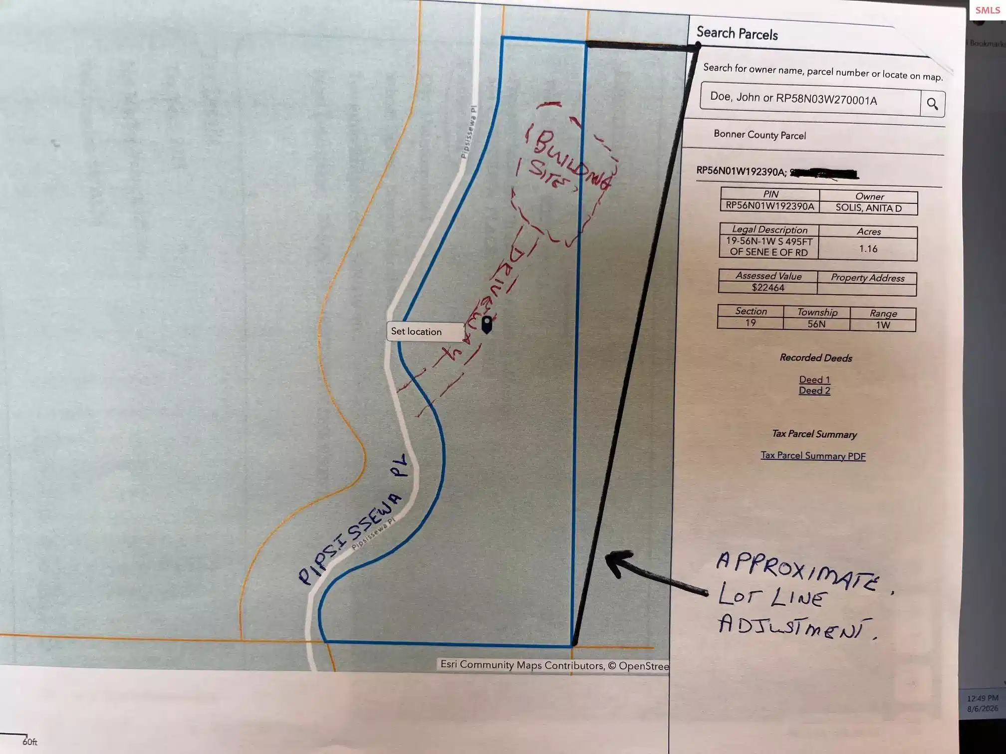 Image 1: Blue is the existing property line, The black line is the general location of the Lotline adjustment