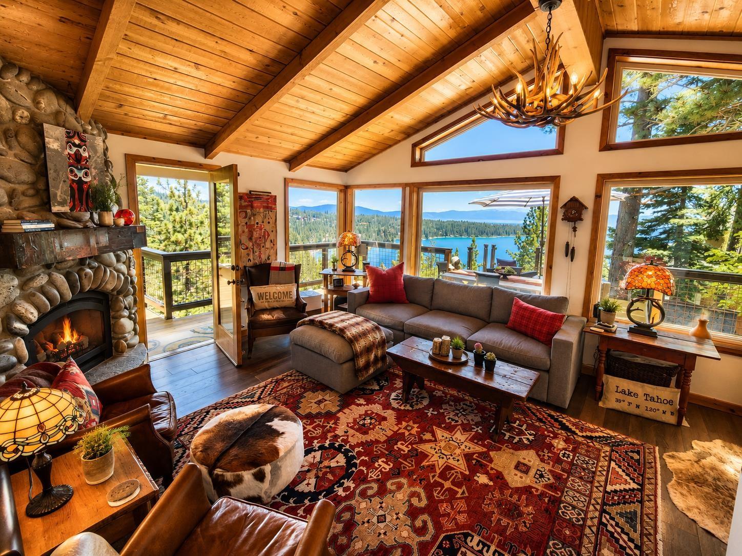 Image 2: Expansive Meeks Bay views, vaulted wood ceilings, rock gas fireplace.