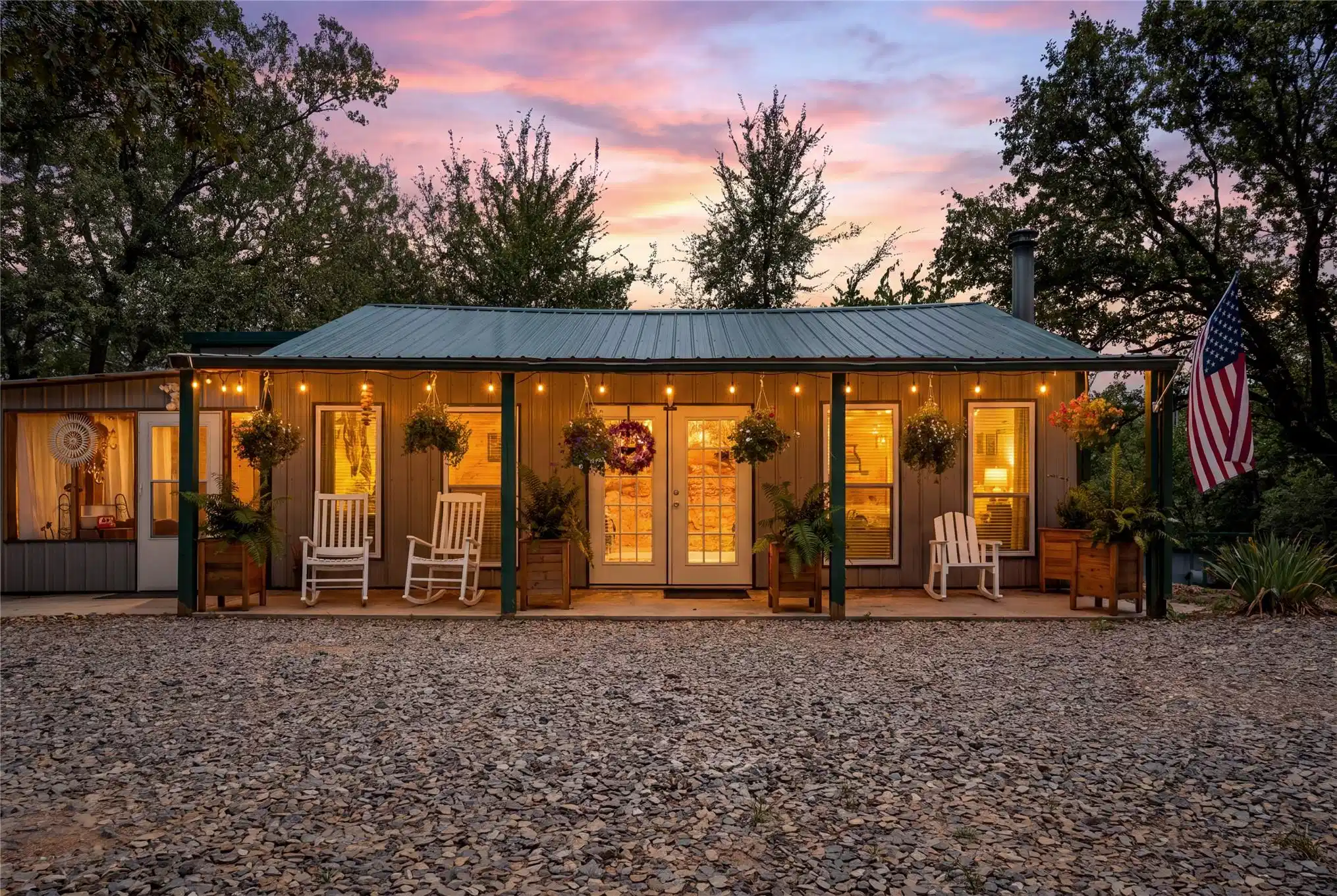 Image 1: Covered porch with string lighting, dual glass-pan