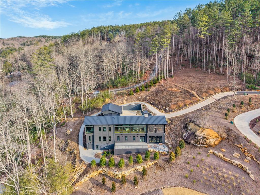 Image 1: An aerial view showcases a contemporary home nestl