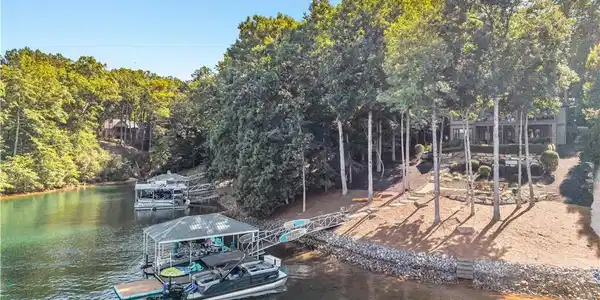Image 3: Mature trees frame a private boat dock along the p